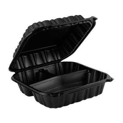 China Wholesale Eco-Friendly To Go 8x8x3 Inch Mineral Filled PP Hinged Lid Microwave Food Container With 3 Compartments Black Customized Color for sale