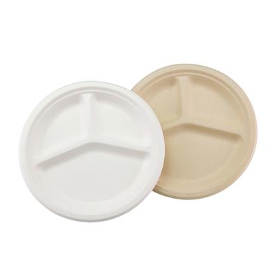 China 10 Inch Eco-Friendly Disposable Biodegradable Sugarcane Bagasse Pulp Divided Dish 100% Biodegradable With 3 Compartments for sale