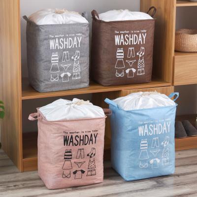 China Large Drawstring Sustainable Cotton Linen Cloth Laundry Basket Folding Cloth Storage Basket for sale