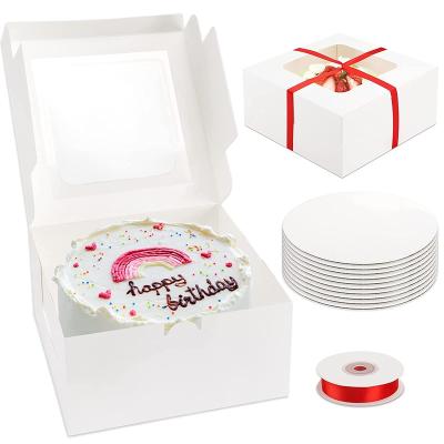 China Recycled Materials Party Disposable Birthday Cake Bakery Containers Clear Window White Cake Boxes With Red Ribbons for sale