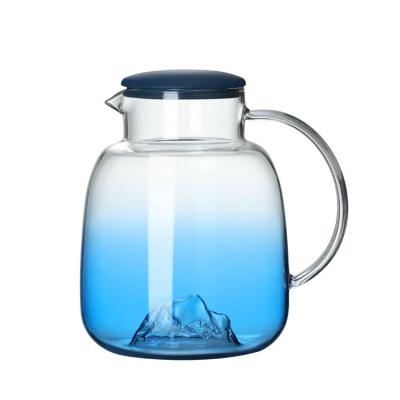 China Viable New Style Blue Glass Water Jug With Lid Wooden Drink Glass Carafe For Juice Lemon Water Iced Tea Glass Jug for sale