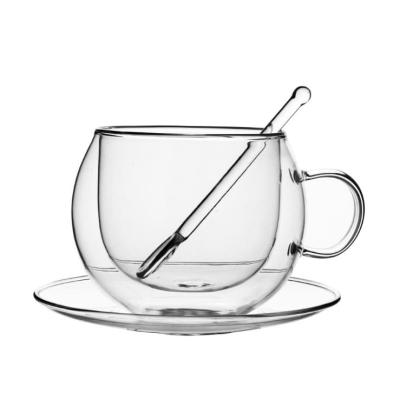 China Double Wall Glass Sustainable Heat Resistant Coffee Mug With Tray for sale