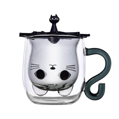 China Cute Creative Viable Cartoon Cat Double Wall Glass Coffee Mug for sale