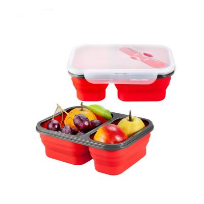 China 2 Compartments Microwavable Folding Bento Box Food Storage Containers Silicone Collapsible Lunch Box With Fork for sale