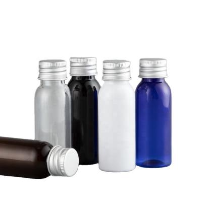 China Factory direct sale cheap amber blue transparent empty plastic packaging pet bottle with aluminum silver cap and inner plug for sale