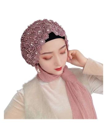 China Custom CCY Muslim Headcover Long-tailed Tied Scarf  Islamic Women Beautiful Hijab Lace Head Wrap Headscarf  Female Bottom Inner Caps for sale