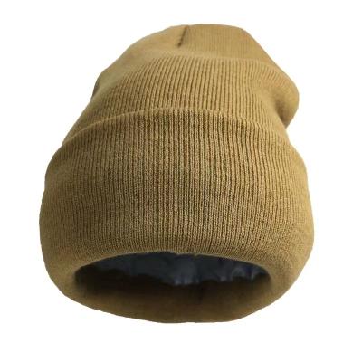 China COMMON Winter Cotton Knitted Warm Beanie Hats For Women Chunky Silk Satin Striped Cap for sale