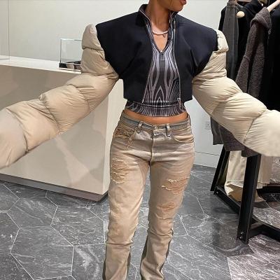 China Wholesale Fashion Streetwear Anti-wrinkle Long Sleeve V Neck Color Contrast Zipper Heat Women Jacket Coat for sale