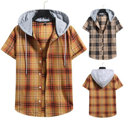 China New Men's Anti-pilling Short-sleeved Button Hooded Plaid Striped Plaid Fashion Light Short-sleeved Shirt for sale