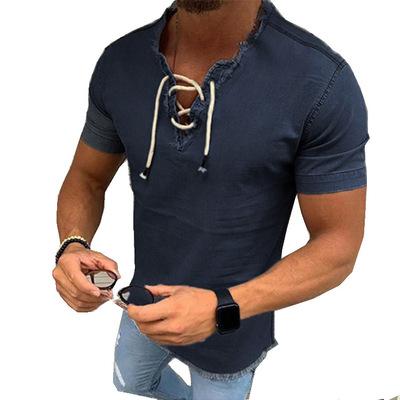 China 2021 Short Stretch Men's Tassel Lace Anti-wrinkle Explosive Denim Men's Shirt Sleeve Denim Shirt Men's T-shirt for sale