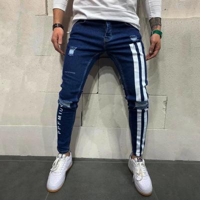 China Color Fade Proof Jeans Men Skinny Striped Zipper Denim Hole Wash Vintage Hip Hop Work Pants Slim Printed Jeans European Big Size for sale