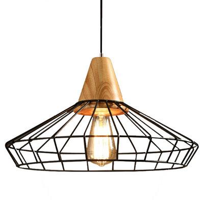 China Simple Light Wood Art Pendant Light Artdecolite Wooden Attic Light Industrial Simple Geometric Metal Black Cage for sale