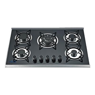 China Commercial hot sale built in 5 burner gas stove kitchen appliances tempered glass gas hob high power gas cooker with safety device for sale