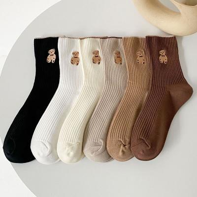 China Cotton Embroidery logo white crew cotton knit cute socks women fun bear cartoon socks for sale