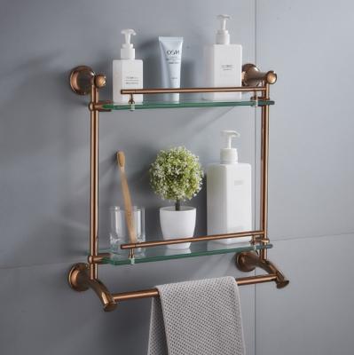 China Stainless Steel Glass Shelf 2 Tier Chrome Shelf with Towel Bars Organizer Wall Mount Shower Storage Gold Finish for sale