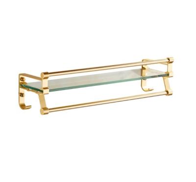 China Gold Brass Single Layer Bathroom Glass Shelf with Towel Bar Shower Rectangular Rack Wall Mounted Cosmetic Holder à venda