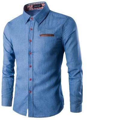 China Men's Casual Denim Shirt Men's Leather Pocket Long Sleeve Casual Shirt Plus Size Mens Shirts for sale