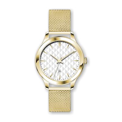 China Custom Day/Date Gem Cutting Dial Wrist Watch With Custom Logo Rose Gold Mesh Band Watch For Women for sale