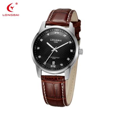 China Luxury 5ATM Genuine Leather Logo For Gift Custom Crystal Mens Quartz Watch Stainless Steel Case Top Brand Day/Date for sale