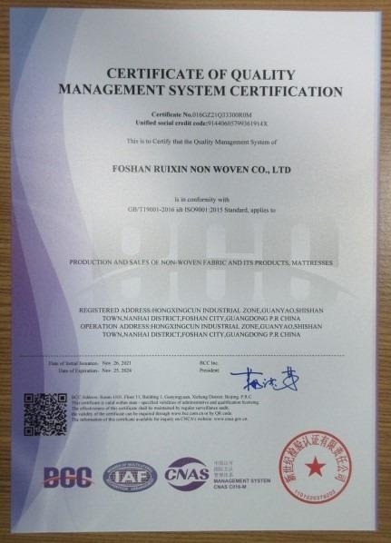 ISO9001 - Foshan Ruixin Non Woven Co., Ltd.