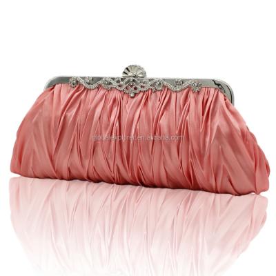 China 2021 Luxury Fancy Crystal Pleated Satin Women Ladies Shoulder Bag Indian Beaded Wedding Clutch Purse Bag Evening With Metal Frame for sale