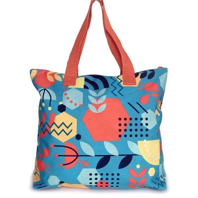 China Fashion custom blue orange bright geometric pattern printed canvas sea accessories ladies shoulder beach bag handbag with zipper for sale