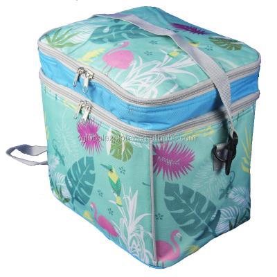 China Cooler bag 600D printed high quality thermal with 2 compartments ice pack with pp webbing shoulder strap for sale