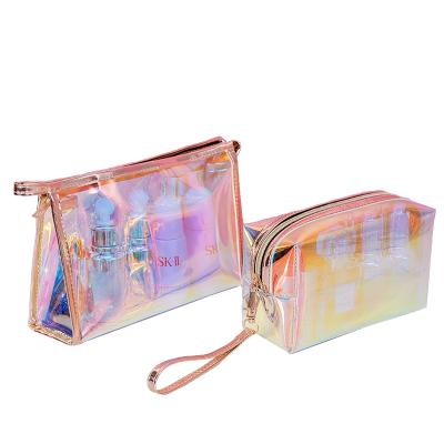 China Fashion Custom Printed Holographic Iridescent Glitter Tranparent Mini Tpu Cosmetic Bag Waterpoof Clear PVC Makeup Travel Pouch Bag Laser for sale