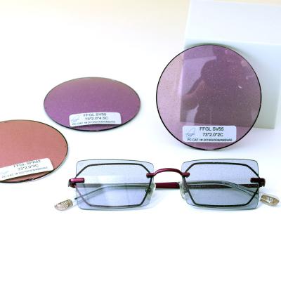 China Single Vision Protection Glitter Lenses 73*2.0*2C FFGL UV Clear Purple Round Glitter Sunglasses Tinted Lens for sale