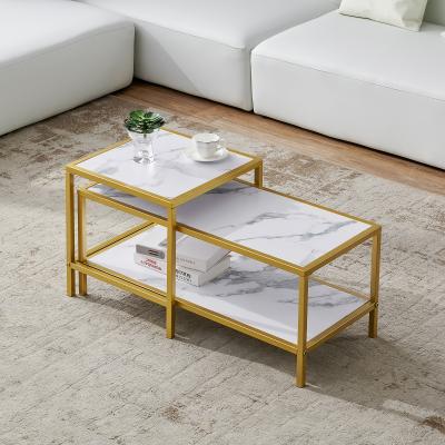 China Set 2 Stainless Steel Extendable Luxury Gold Nesting Small End Coffee Table Artificial Modern Marble Square And Rectangle for sale