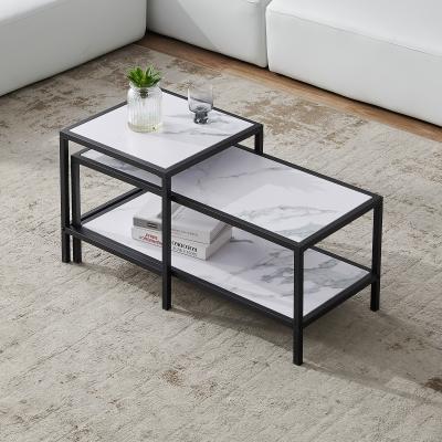 China Extendable modern minimalist nesting coffee table decor square black epoxy metal frame and rectangle amp with wood color marble top for sale