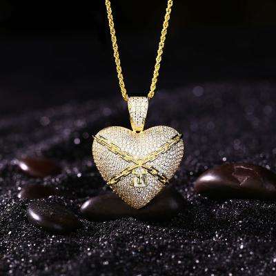 China Women's Jewelry 925 Brass Sterling Silver Micro Pave Cz Full Diamond Heart Shape Pendant Necklace 14k 18k Bling Gold Plated Punk for sale