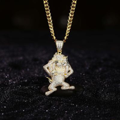 China Jewelry Punk Cat Cartoon Hip Hop Pendant 18k Gold Plated 925 Sterling Silver Brass CZ Necklace For Men for sale