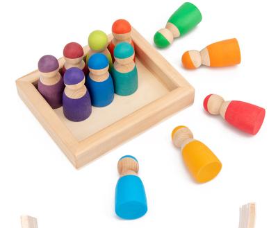 China Mini Toy Montessori Set Of 12 Rainbow Friends Pretend Toy Custom Mini Wooden Peg Wooden Play Kids Doll Kit for sale