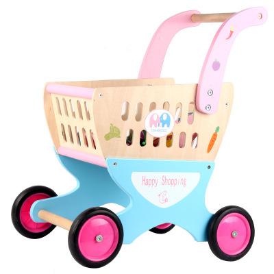 China Eco-friendly Material Simulation Wooden Supermarket Trolley Toys Role Pretend Game Kids Shopping Cart Fruit Cutting Wooden Toy for sale