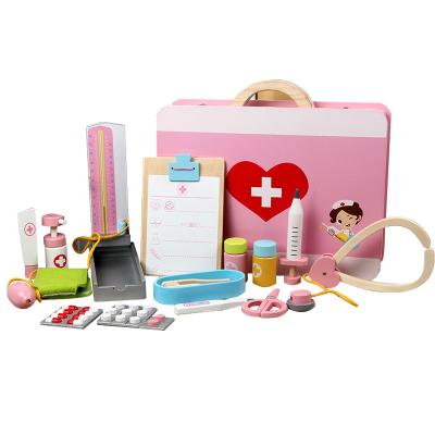 China Eco-friendly Material Simulation Educational Wooden Doctors Play Kit Role Pretend Play Toys Nurse Set Portable Medicine Storage Box for sale