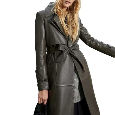 China Winter Anti-Shrink Women's Long Anorak Knee-Length Belt Section Leather Jacket for sale