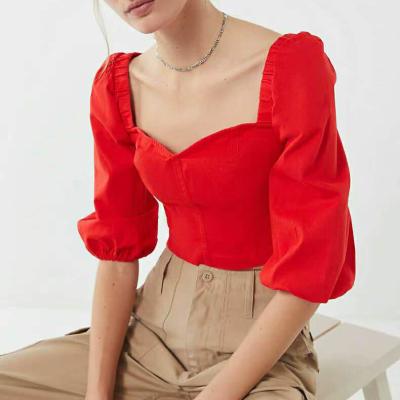 China 96%cotton 4%others fancy materials chic ladies anti-shrink designs red half sleeves blouse for sale