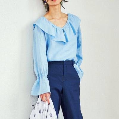 China Long Sleeves Chiffon Blouse Flora Shirt Anti Shrink Intellectual Blue Women for sale