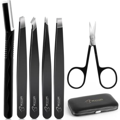 China Bestope Amazon Beauty Choice Tools Eyebrow Blacken To Customize Stainless Steel Slanted Eyebrow Tweezers 6Pcs Scissor Set for sale