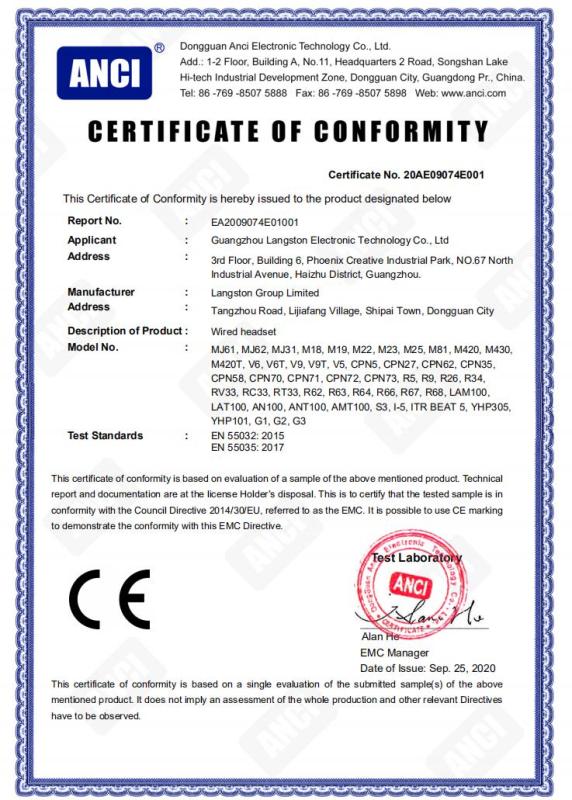 CE - Guangzhou Langston Electronic Technology Co., Ltd.