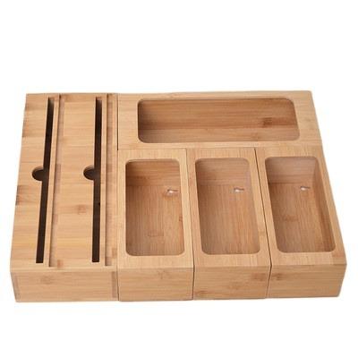 China New design viable custom made bamboo wood drawer bag storage organizer and wrap ziplock dispenser for kichen for sale