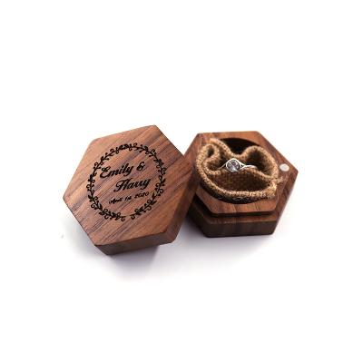 China Wholesale Custom Luxury Wooden Jewelry Packaging Hexagon Velvet Ring Box Black Walnut Velvet Ring Box for sale