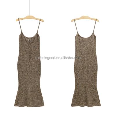 China Custom Lady Elegant Casual Anti-wrinkle Brown Ribbed Knitting Long Sleeveless Sweater Knit Bodycon Dress for sale