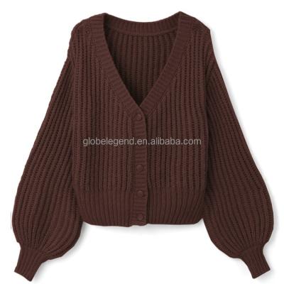 China Anti-wrinkle v-neck knitwear women loose sweaters spring balloon sleeve custom cardigans for sale