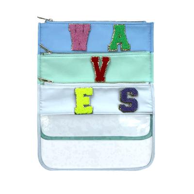 China NATIONAL PVC Transparent Cosmetic Bag Sun Colver Clear Flat Zipper Pouch Personalize With Chenille Letters Travel Pouch for sale