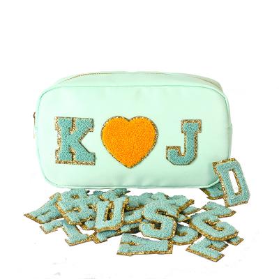 China Fashion RTS Stock 12 Colors Glitter Nylon Waterproof Personalized Chenille Patches Women Girls Travel Toiletry Bag Cute Cosmetic Makeup Bag for sale