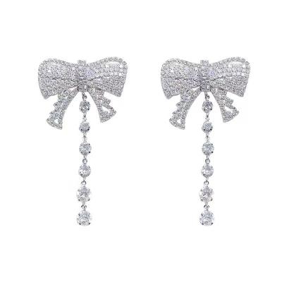 China CLASSIC Silver S925 full needle diamond exaggerated bow earrings long women fashion ladies butterfly zircon earrings for sale