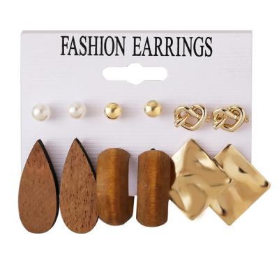 China Fashion 6 Pcs Set New Water Drop Wood Metal Square Earrings Set Gold Plated Stud Earring for sale