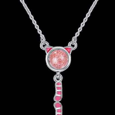 China Beautiful Sweet CLASSIC Strawberry Style Cat Crystal Pendant Short Clavicle Chain Necklace for sale